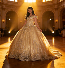 Champagne Gold Princess Ball Gown Wedding Dress V-Neck Cap Sleeve Lace Train