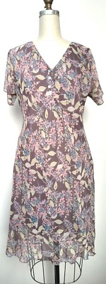 Adini Soft Geogette Lined Floral Print Short Sleeve Dress in Mink (Taupe)