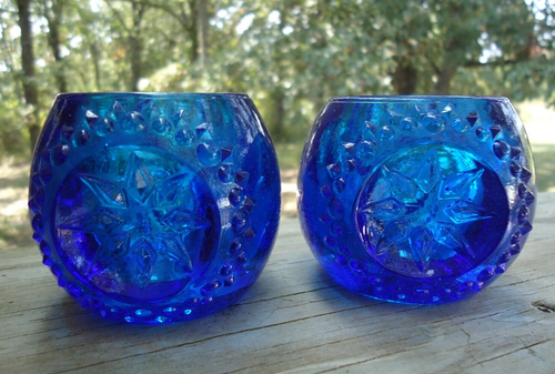 Pair Blue Glass Sun Star Votive Candle Holders UV Glow Celestial BOHO Decoration