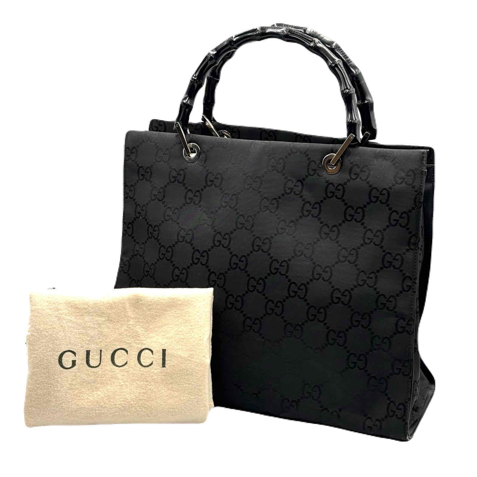 Gucci GG Bamboo Nylon Tote Handbag Black Authentic Luxury Bag