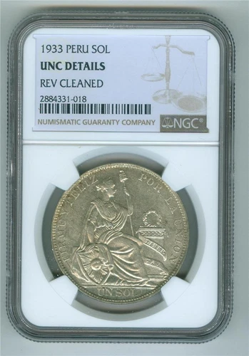 PERU 1933 SOL NGC UNC DETAILS REV CLEANED KEY DATE