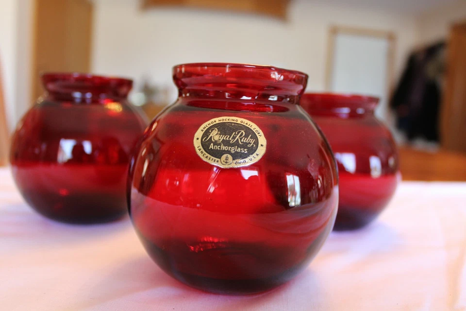 Anchor Hocking Vintage Royal Ruby Set Of 3 Round Fishbowl Style Vases 1950's - Image 2 of 4