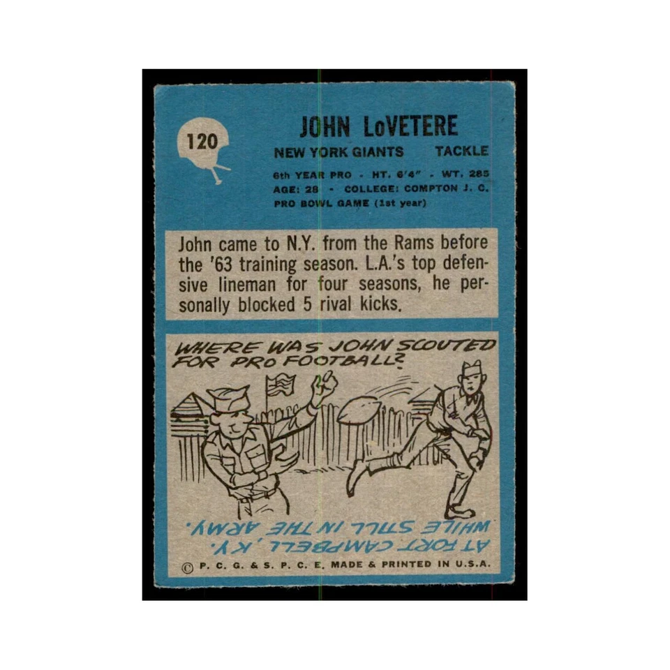 1964 Philadelphia John LoVetere Football Cards #120 - Image 2 of 3