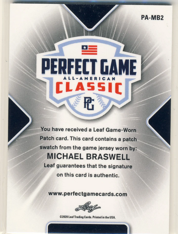MICHAEL BRASWELL 2020 Leaf Perfect Game PG AAC PATCH AUTO /16 LSU - Image 2 of 2