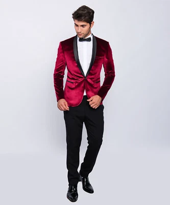 DNG Slim Fit Herren Smoking Samt Optik in Rot -Hochzeit-Bühne-Sakko -Herrenanzug