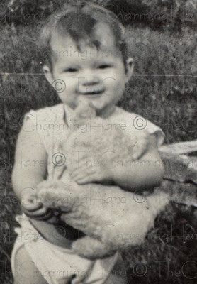 Vintage Photo 1950's Baby Holding Stuffed Animal Outdoors Snapshot
