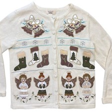 Vintage Womens Christmas Cardigan Small Sweater Embroidered Angels Holiday