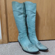 True Vintage John Fluevog Cowboy Boots Womens 7 Aqua Blue RARE Side Zip