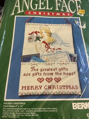 Vintage Bernat Angel Face Holiday Greetings Card Holder Counted Cross Stitch KIT