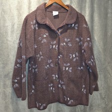 Vintage Artisans Bird Pattern Fleece Button Jacket Women's XL Mauve Made In USA