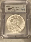 1986  AMERICAN SILVER EAGLE  MS70  key date ICG  Signed