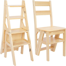 Folding Library Chair, 4 Step Foldable Ladder Chair, Solid Wood Folding Stool, D