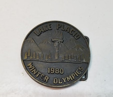 Vintage 1980 Lake Placid Winter Olympics Brass Belt Buckle 2.5 Inch Round , RARE
