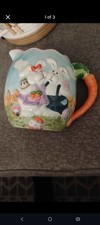 Ceramic Easter Bunny Pitcher with Carrot Handle, Glazed Finish, Easter Eggs