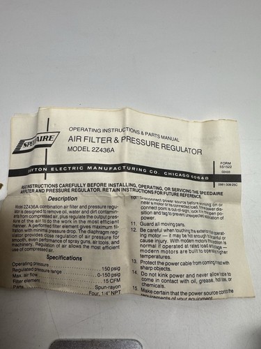 VINTAGE NOS Speedaire 2Z436A Filter Regulator 150Psi, 0-15 CFM - Picture 8 of 8