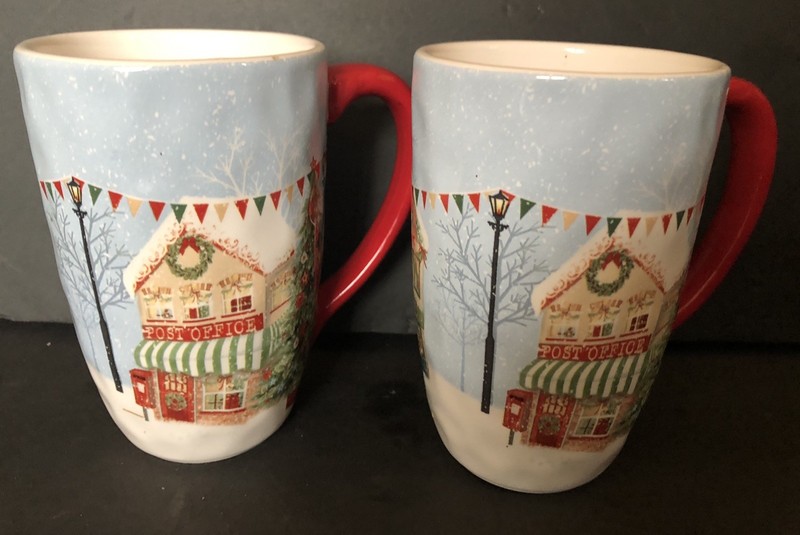 Pier 1 Imports Xmas Village Scenes Tall Ceramic Mug Lot Of 2