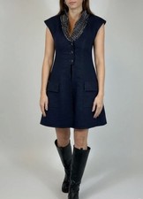 CHANEL Navy Shimmering Long Waistcoat Dress Wool Tweed Interior 38FR