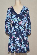 Eliza J Balloon Sleeve Fit & Flare Dress Navy Floral Petite 10 Fits M  $138 NWT