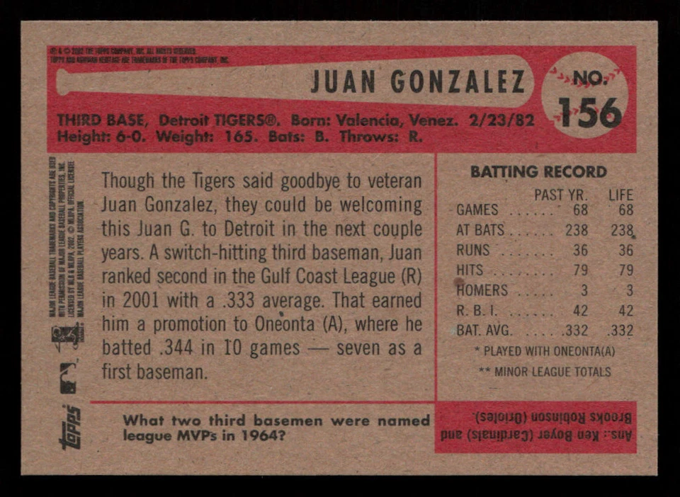 2002 Bowman Heritage Juan Gonzalez #156 RC Rookie Detroit Tigers Baseball Card - Image 2 of 2