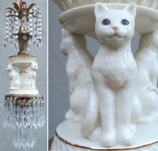Lamp Chandelier Ivory Porcelain Cat Swag brass tole opaline Bead garlands crysta