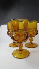 VINTAGE 1970 Indiana Glass King Crown Thumb Print Amber Water Wine Goblet Set 3