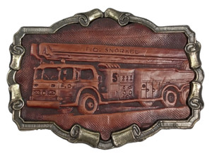 Vintage 1980 Firefighter Belt Buckle Fire Truck F.O. Snorkel USA Collectible