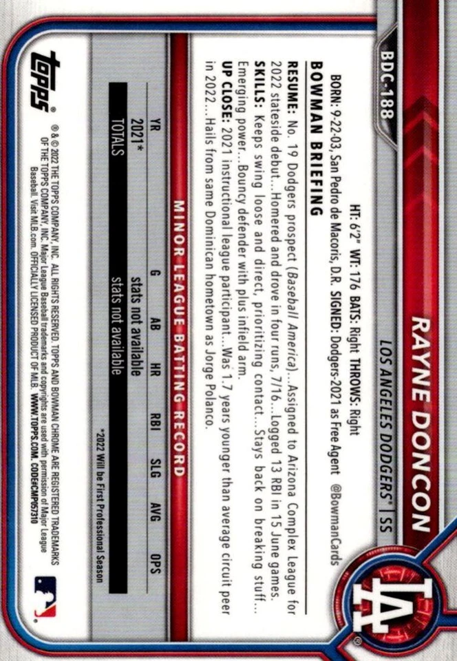 2022 Bowman Draft Chrome Rayne Doncon Los Angeles Dodgers #BDC-188 - Image 2 of 2