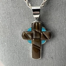 Sterling Silver J KING DRT Turquoise Brown CROSS PENDANT NECKLACE 20" Rope Chain