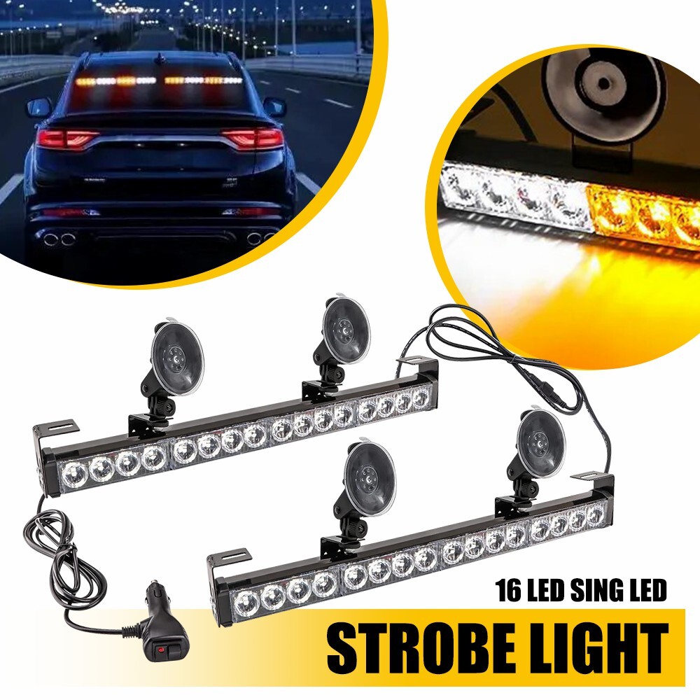 2PCS 16.8inch Flashing LED Strobe Light Bar Interior Warning Lights Amber/White