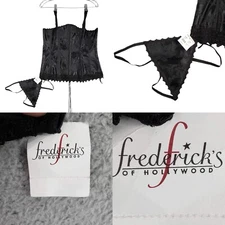 Fredricks of Hollywood Black Corset Lace Up Back Satin 38 Thong New Victorian