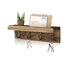Rustic Key Holder for Wall, Farmhouse Wall Shelf with 4 Hooks, Wall Mounted K...