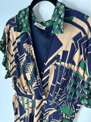 Dixie Firenze Faux Wrap Midi Dress Sz S Geometric Retro Italian Summer Event