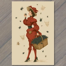 Art Print Victorian Woman Basket Insects Red Dress Gothic Dark Fantasy Surreal C