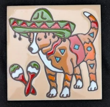 EarthTones Chihuahua Mexican Dog w/Sombrero 3 7/8" Tile Hand Glazed Made In USA