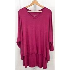 SOFT SURROUNDINGS Size L Indeevar Tunic Top 2DA75 Tiered 3/4 Sleeve V Neck Pink 