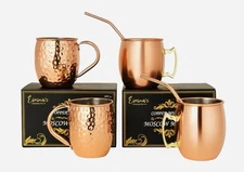 6-Piece Copper Moscow Mule Mug Set with Straws – Hammered & Smooth Cups 16oz