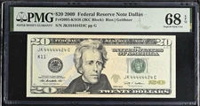 2009 $20 PMG 68 EPQ Fancy Near Solid Serial Number GEM JK44444424C FRN Dallas