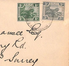 MALAYA FMS TIGER 1c 3c Cover Perak *SLIM RIVER* 1918 CDS Surrey Kew WM64