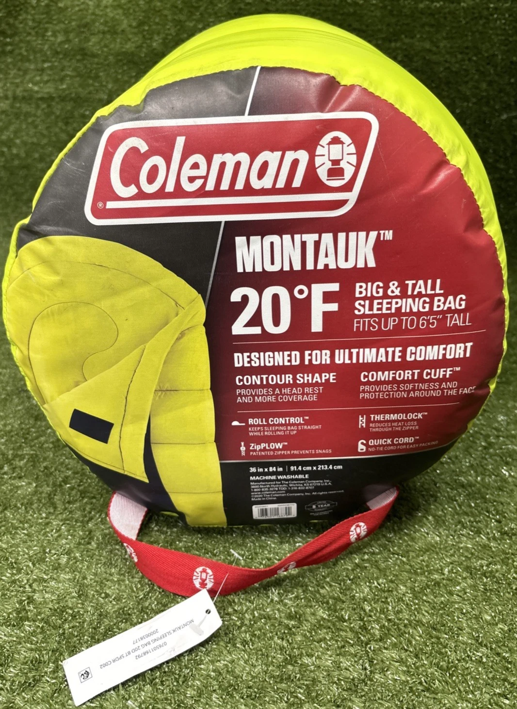 Coleman Montauk 20°F Big & Tall Sleeping Bag, Neon Yellow, Fits up to 6’5”