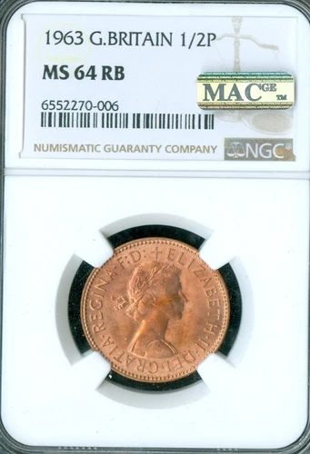 1963 GREAT BRITAIN 1/2 PENNY NGC MS64 RB MAC SPOTLESS .
