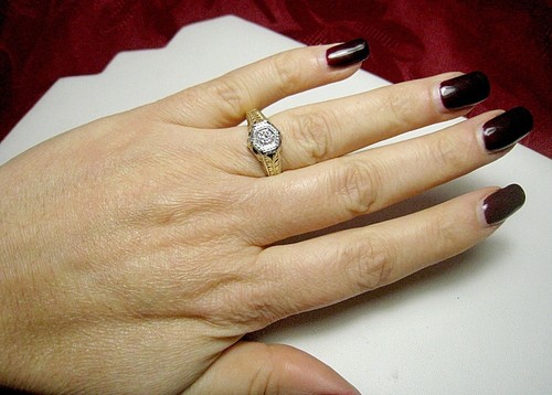 ANTIQUE 14K TWO-TONE GOLD DIAMOND ENGAGEMENT RING .30 CTW ETCHED VINTAGE SIZE 10 - Picture 3 of 11