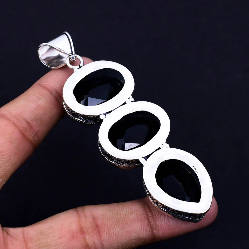 Nero Spinello Gemma a Mano 925 Pendente Argento Sterling Per Fidanzamento Regalo - Immagine 2 di 4