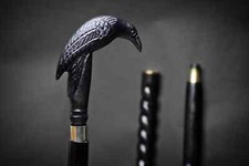 Black Raven Handle Walking Stick Customizable Spiral Cane with Rubber Tip