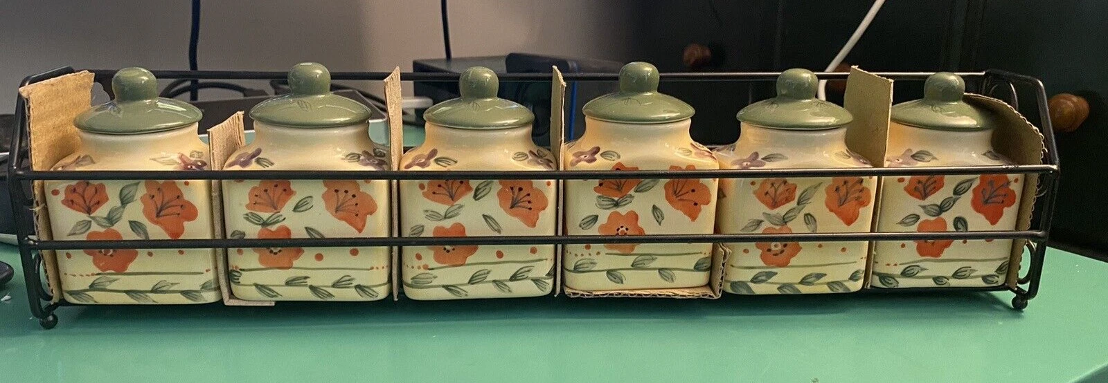 Vintage Set of 6 Style Eyes by Baum Bros Floral Spice Jars & Rack