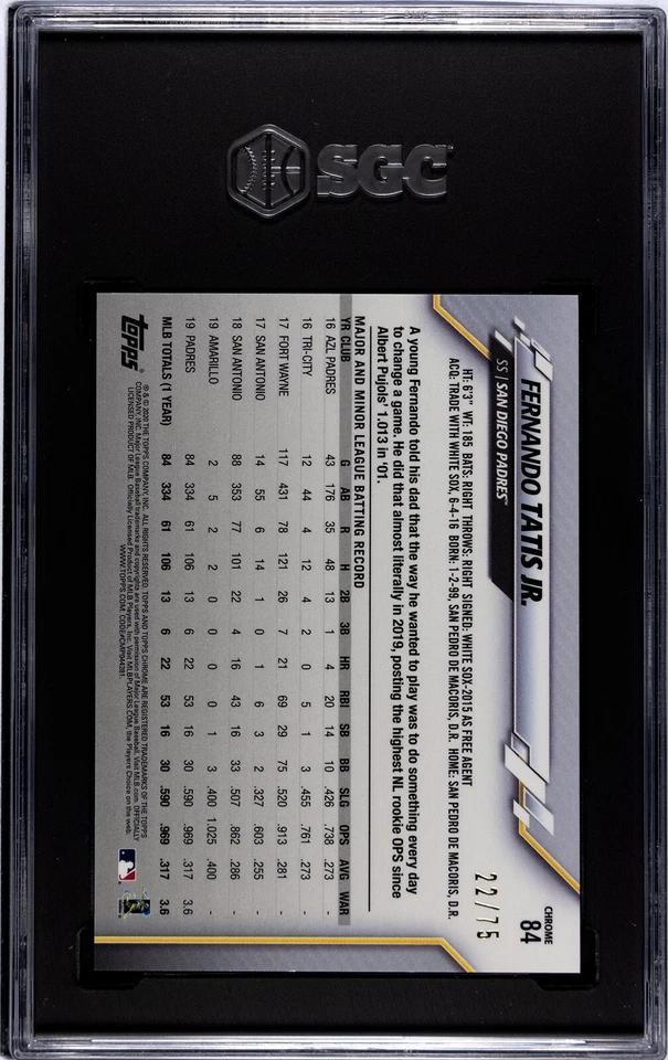 2020 Topps Chrome Ben Baller FERNANDO TATIS JR Blue 22/75 SGC 10 Padres #84 Cup - Image 2 of 2