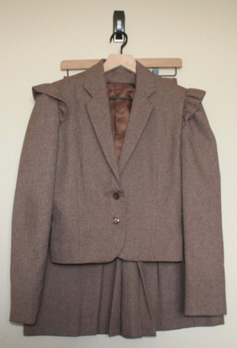 Vintage Skirt Suit Set Brown Tweed 70s 80s Ruffle A Line Size Small 4 6
