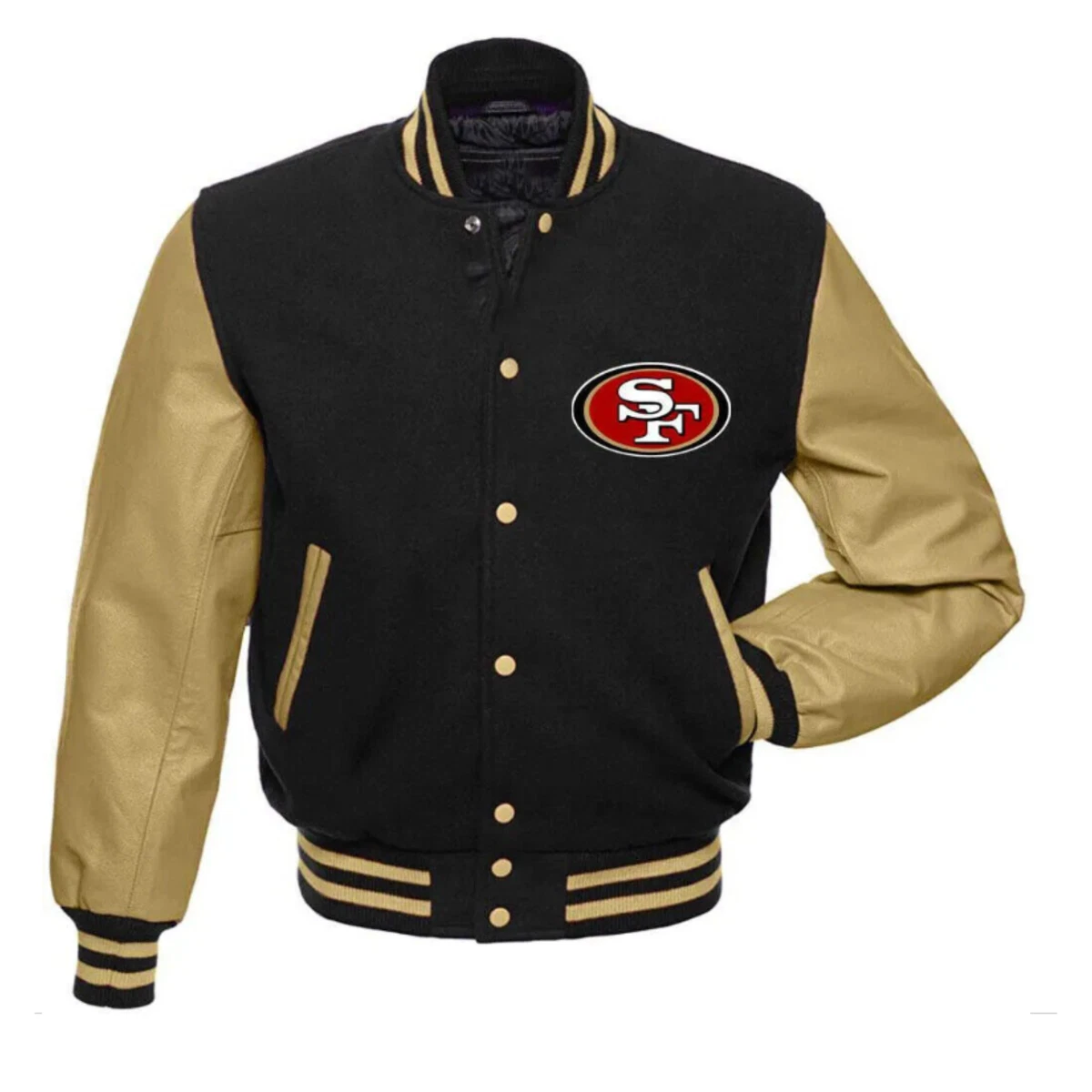 San Francisco 49ers Black Letterman Varsity Jacket with Leather Sleeves  CUSTOM