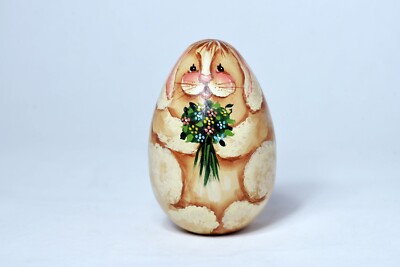 Hand Painted Kitschy Easter Bunny Rabbit Wooden Egg Flowers