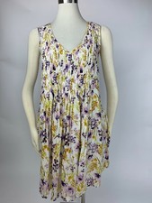 NEW Old Navy Ivory Gold Plum Purple Floral Pin Tucked Boho Peasant Dress Small