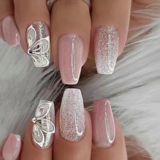 Glossy Pink Coffin False Nails Glitter Butterfly Design Full Cover  Stick On UK